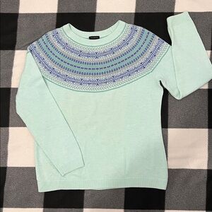 TALBOTS Fair Isle Pullover Sweater Lambswool Blend Mint Green Blue Size M